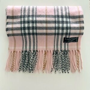Cashemere Wool Pink Gray Plaid Scarf Fringe 68” x 12”